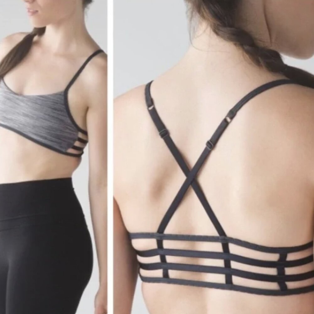 LULULEMON Hot Spell Sports Bra Size 6 Gray Black Strappy Yoga Athleisure Workout